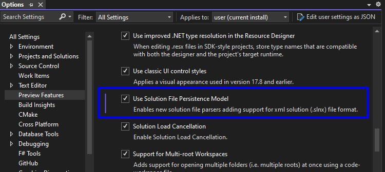 Use Solution File Persistence Model setting in vs preview